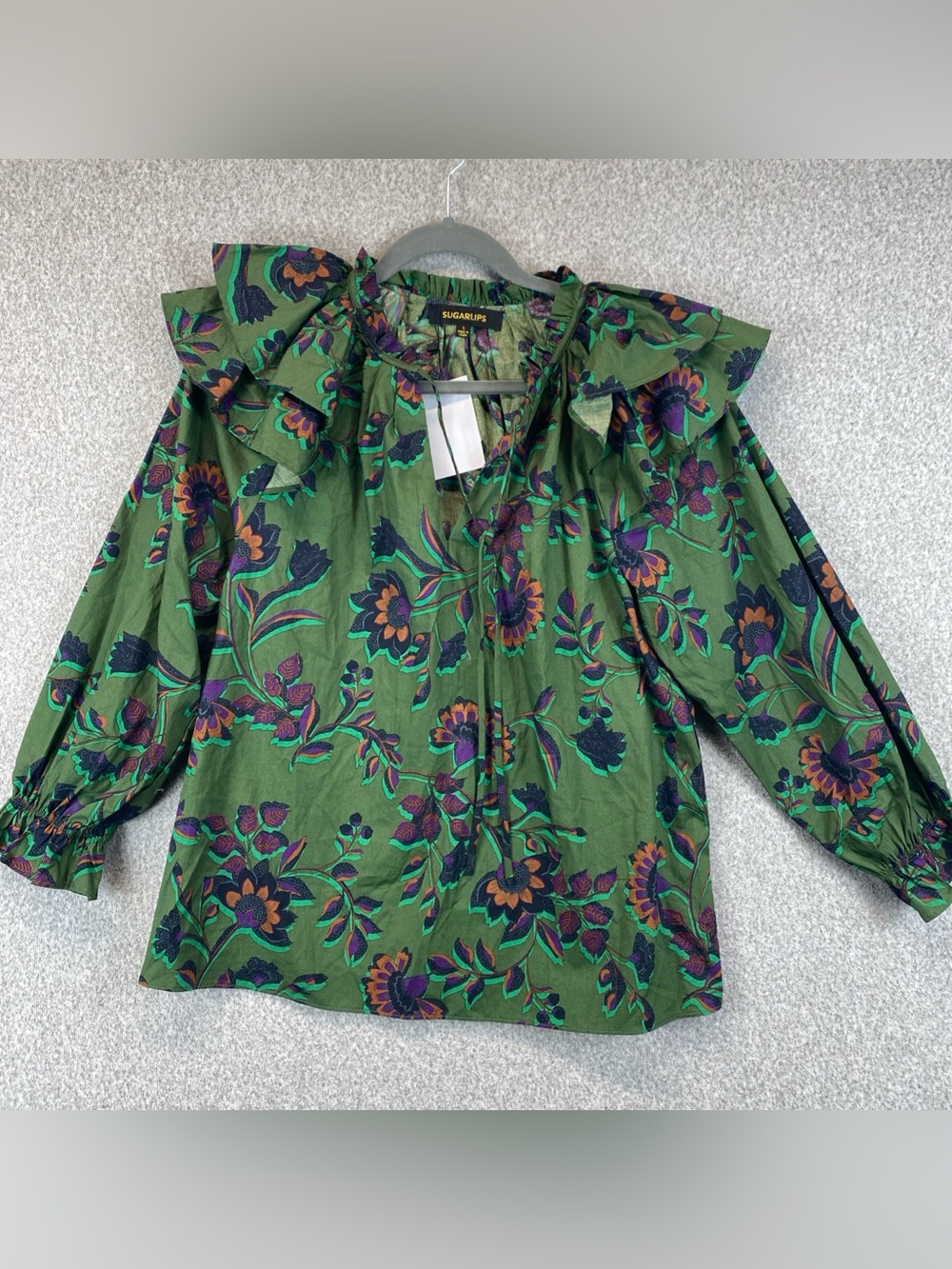 Sugarlips blouse size S Green Tropical Floral Puffy Sleeve Ruffle Trim Colorful